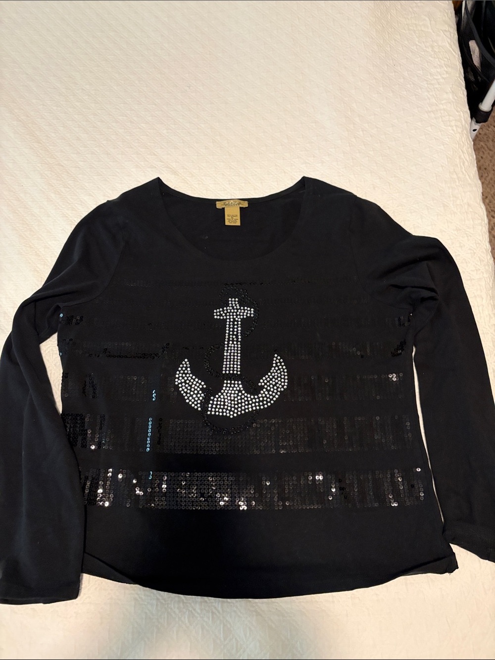 Peck & Peck Black Long Sleeve Tee with Silver Sequin Anchor